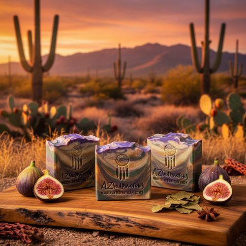 Three soaps from AZ Soapworks products on a wooden board with figs and desert plants in the background.