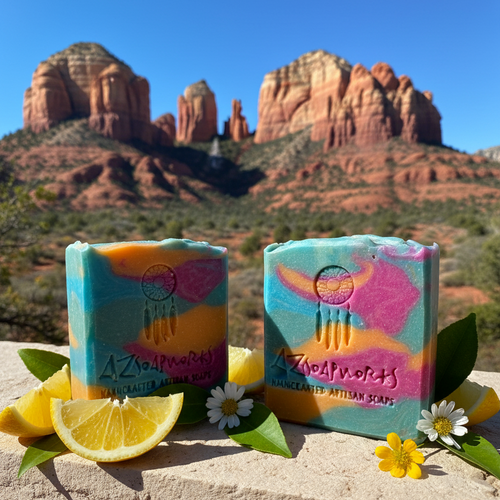 Two colorful soap bars with '42nd Parallel' branding on a stone ledge with desert landscape in the background.
