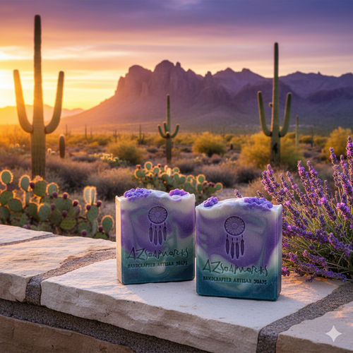 Two soaps with 'AZ Soapworks' branding in a desert setting with cacti and lavender.