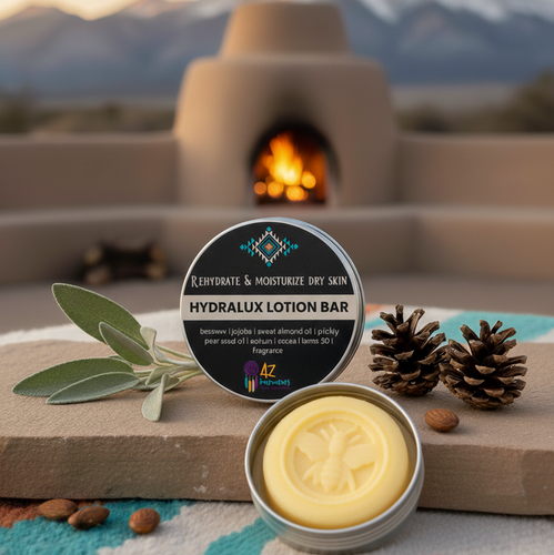 Hydralux Lotion Bar with natural elements on a stone surface with a fireplace and mountains in the background