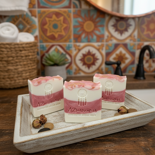 Three bars of soap on a wooden tray with a decorative tiled wall in the background