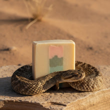 Bar of soap encircled by rattlesnake against desert background
